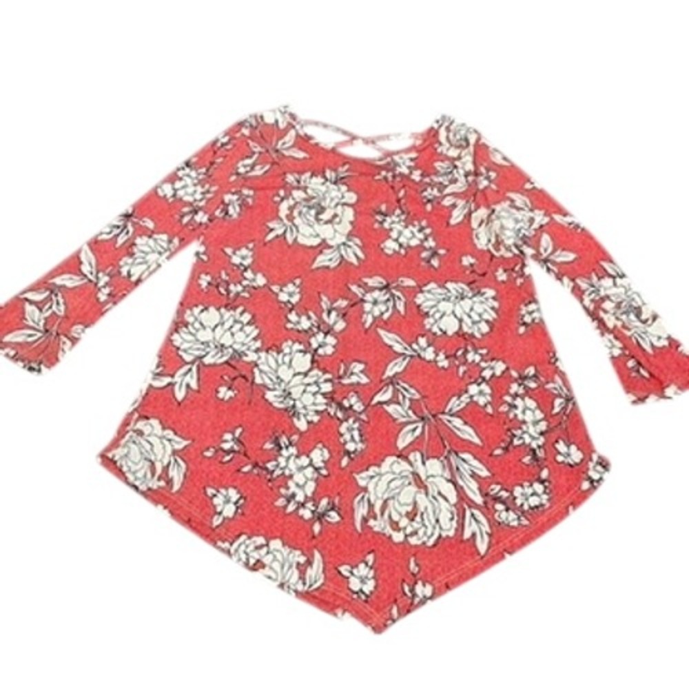 SJS Red Floral Sharkbite Tunic Top Long Sleeve Criss Cross Back Petite Small